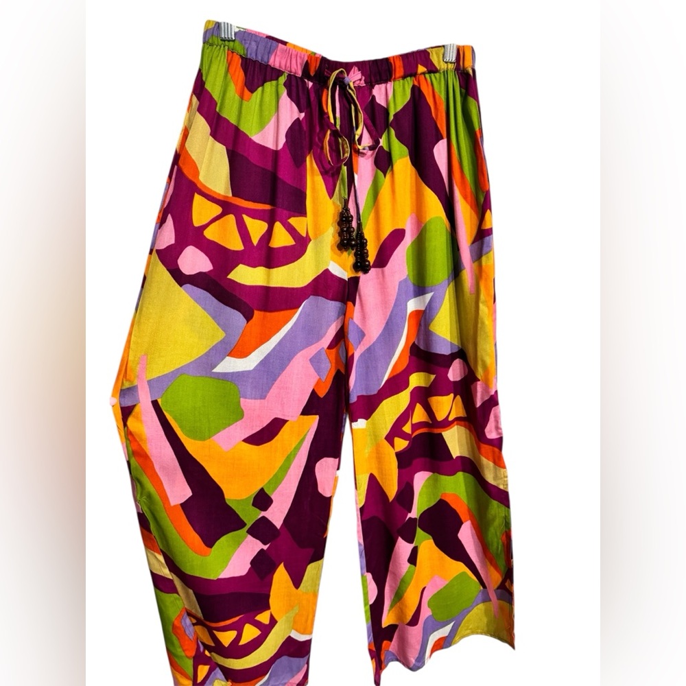 True Destinations Multicolor resort beach wide leg pants with slits size small